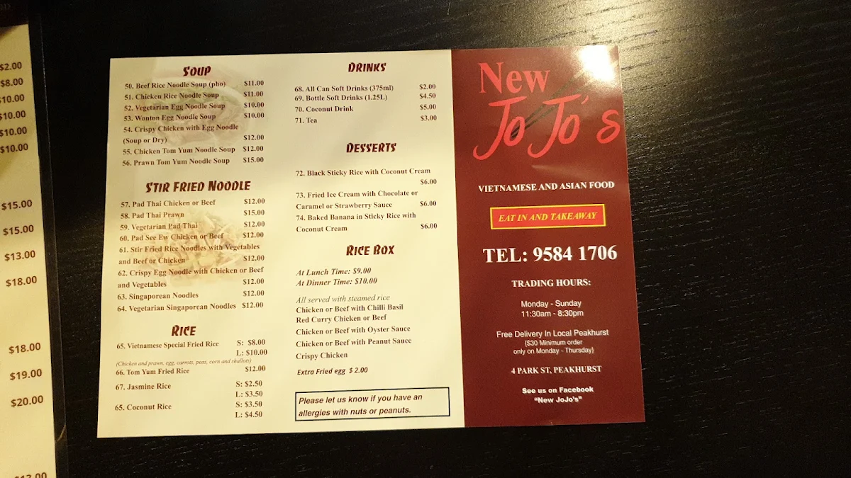 Menu, New JoJo’s