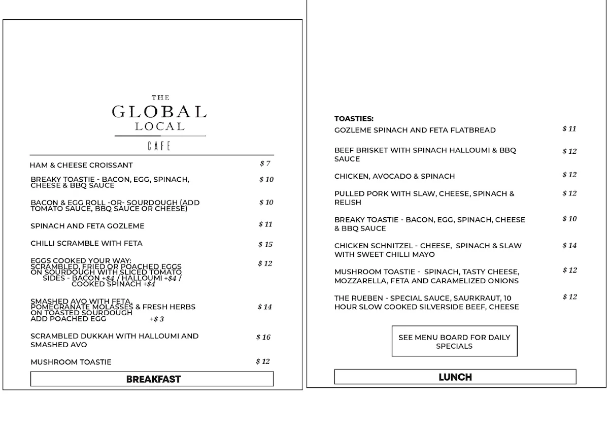 Menu, The Global Local Dandenong