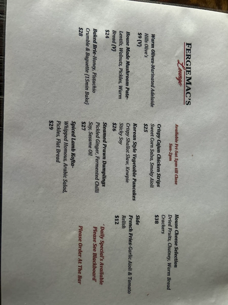 Menu, Fergie Mac's Lounge
