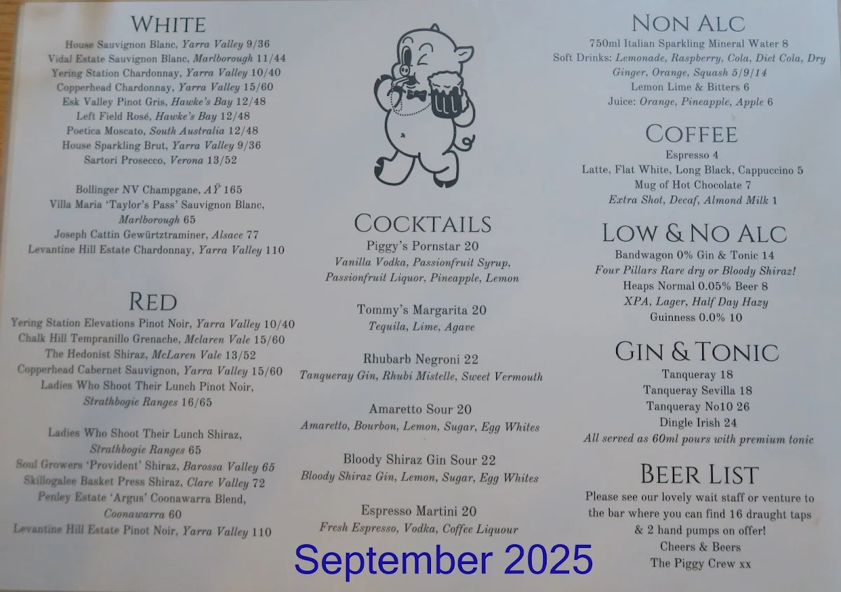 Menu, Pig & Whistle Tavern