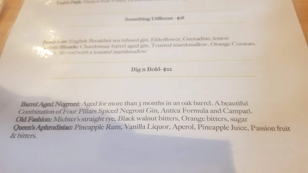 Menu, Pig & Whistle Tavern
