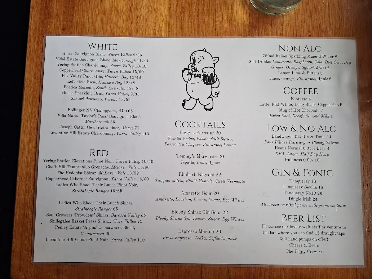 Menu, Pig & Whistle Tavern