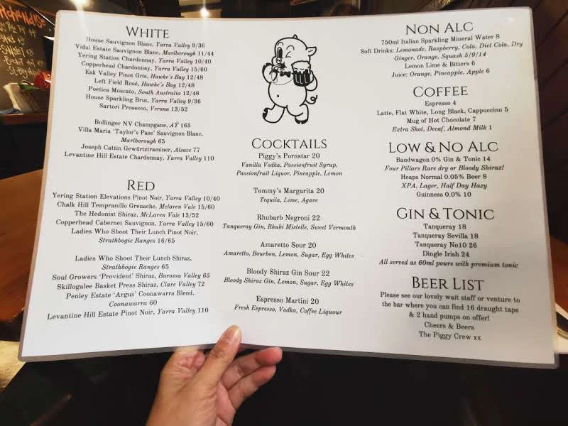 Menu, Pig & Whistle Tavern