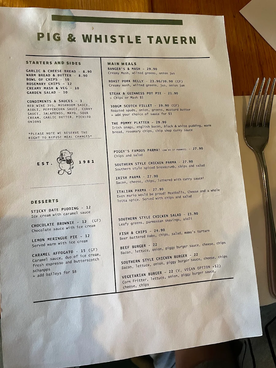 Menu, Pig & Whistle Tavern