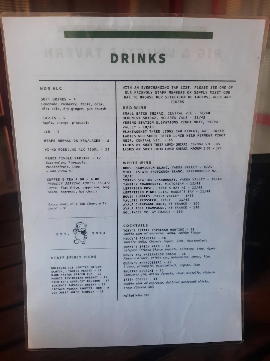 Menu, Pig & Whistle Tavern
