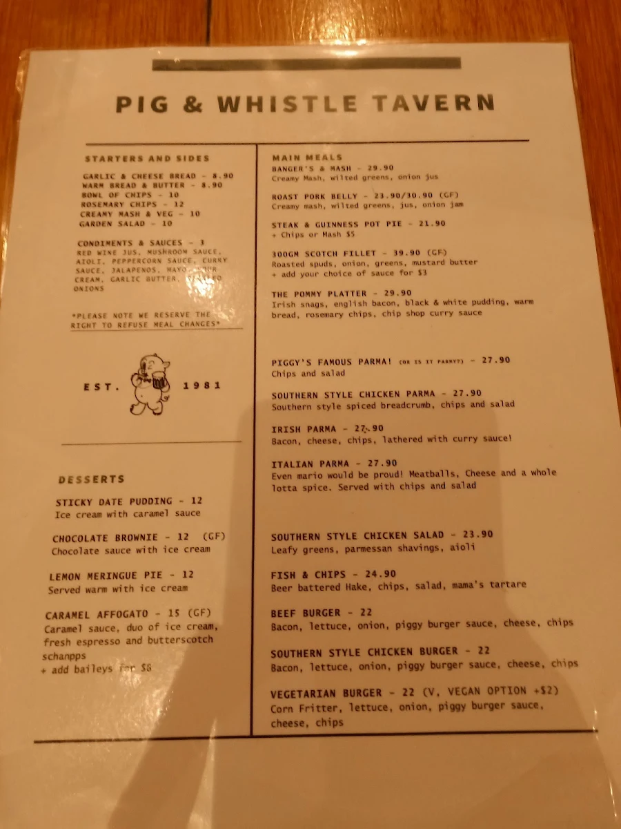 Menu, Pig & Whistle Tavern