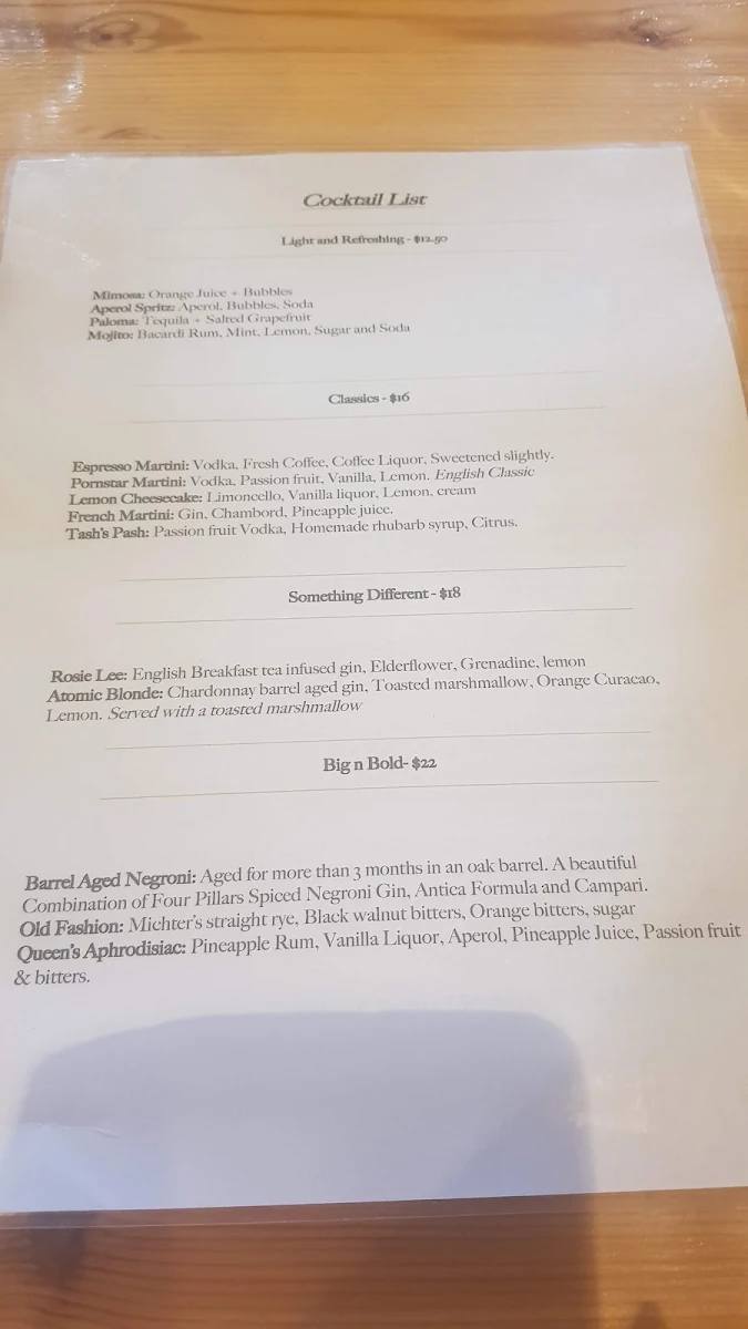 Menu, Pig & Whistle Tavern