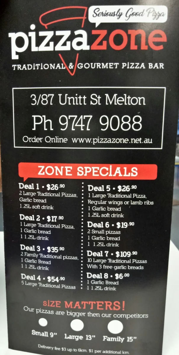 Menu, Pizza Zone