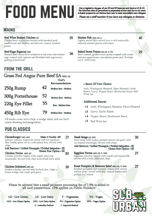 Menu, The Suburban Rooftop & Dining