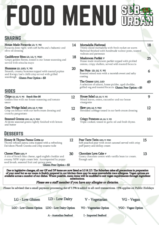 Menu, The Suburban Rooftop & Dining