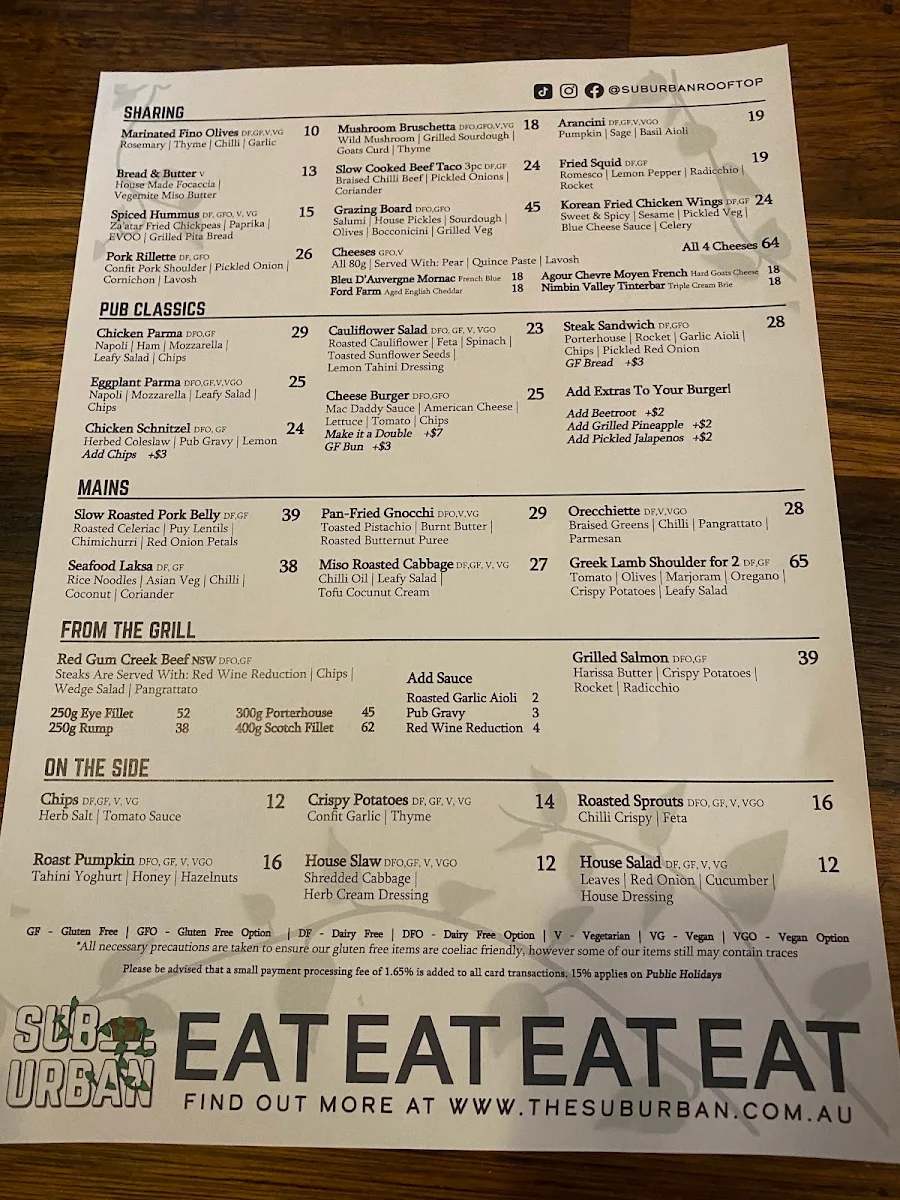Menu, The Suburban Rooftop & Dining