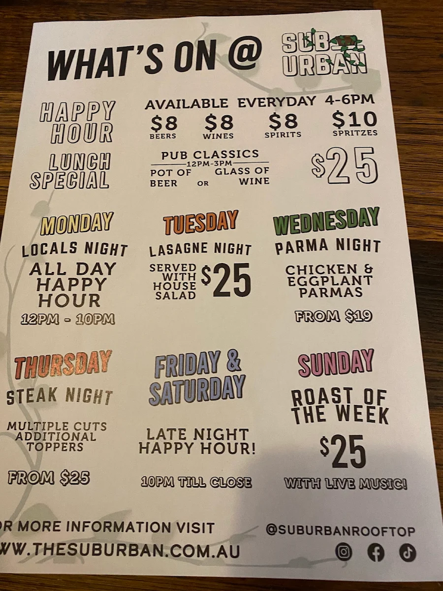 Menu, The Suburban Rooftop & Dining