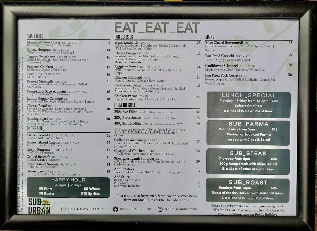 Menu, The Suburban Rooftop & Dining