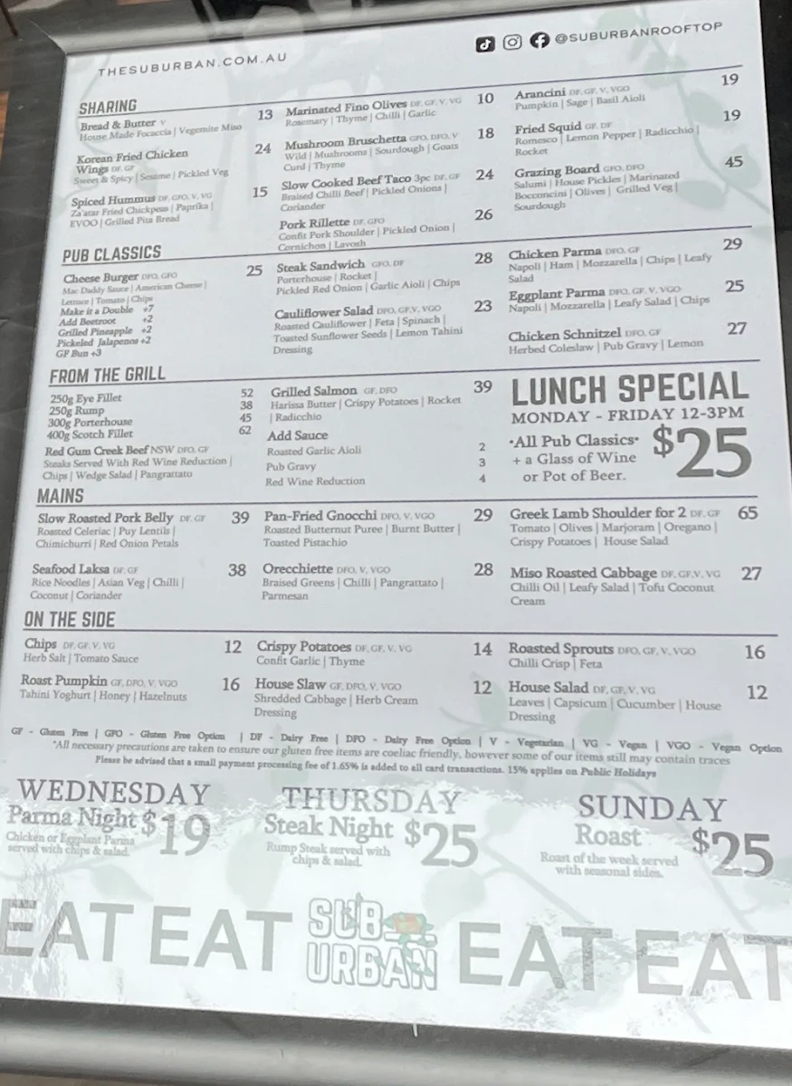 Menu, The Suburban Rooftop & Dining