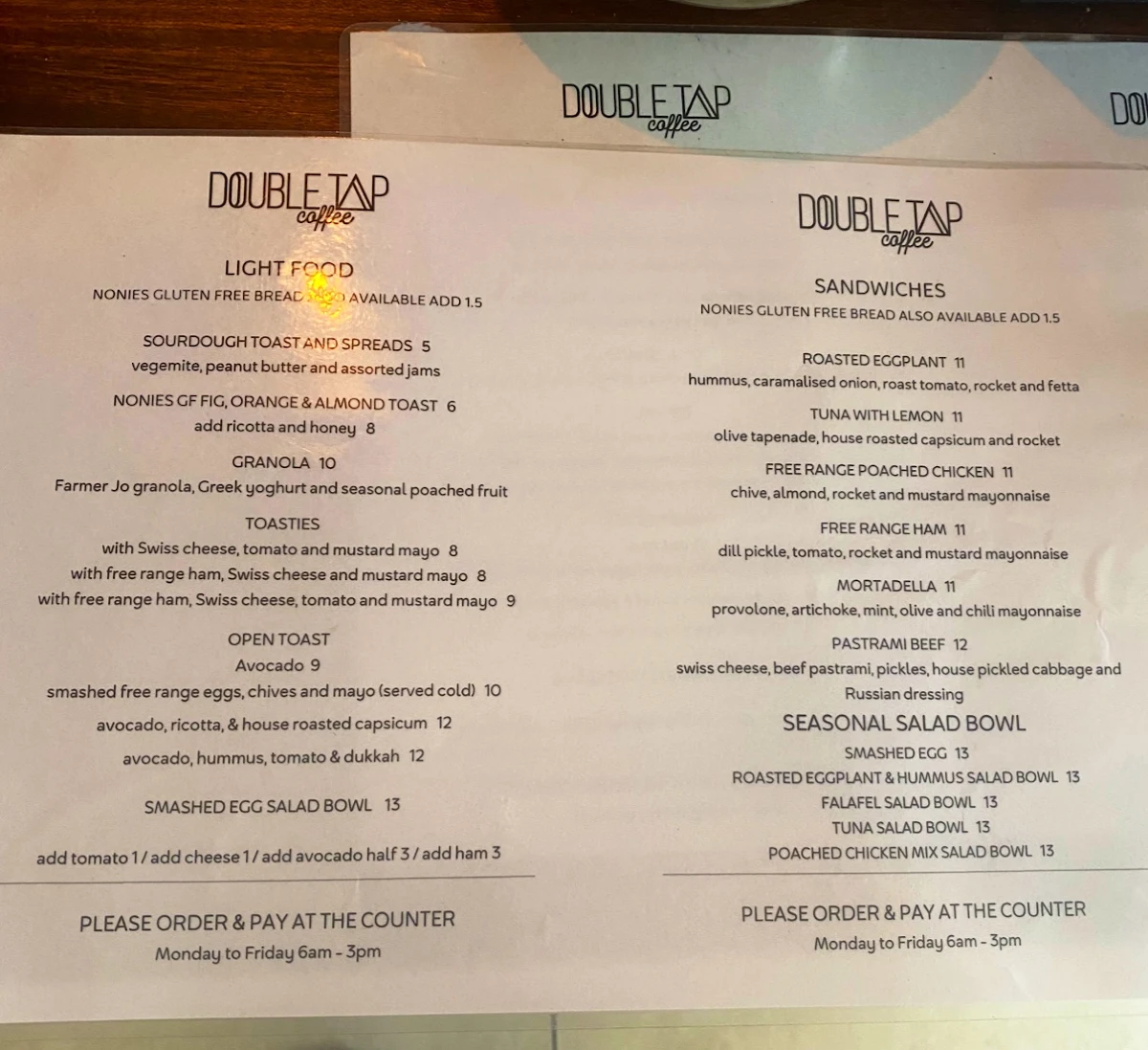 Menu, Double Tap Coffee