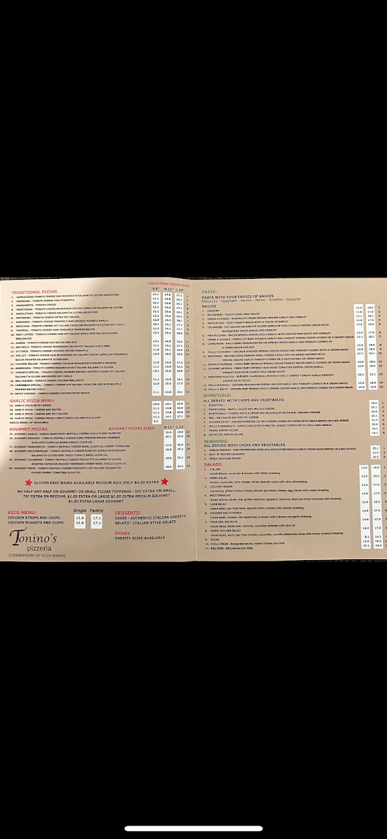 Menu, Tonino's Pizzeria