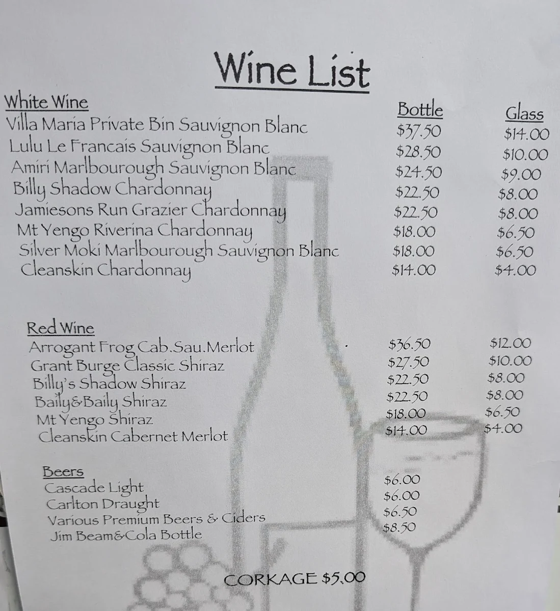 Menu, Lucy's