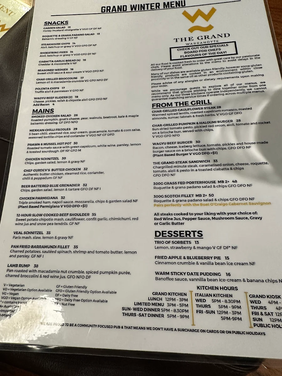 Menu, The Grand Hotel Warrandyte