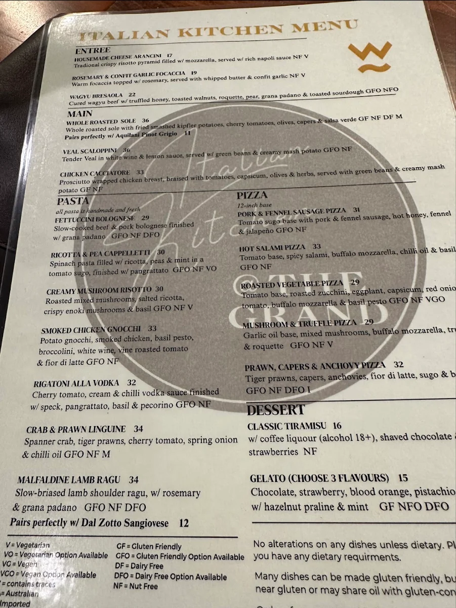 Menu, The Grand Hotel Warrandyte