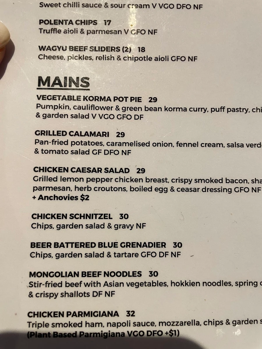 Menu, The Grand Hotel Warrandyte