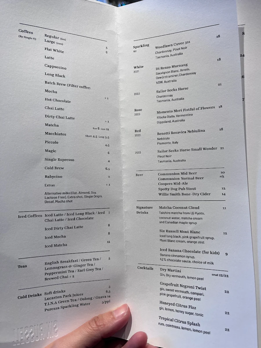 Menu, Six Russell Bakes + Bistro