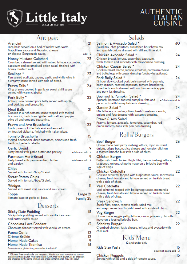 Menu, Little Italy Griffith