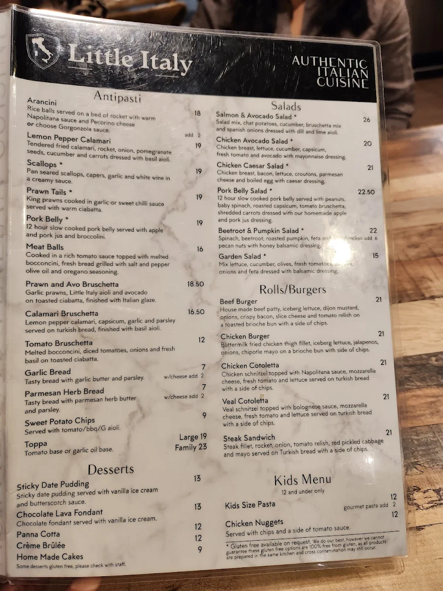 Menu, Little Italy Griffith