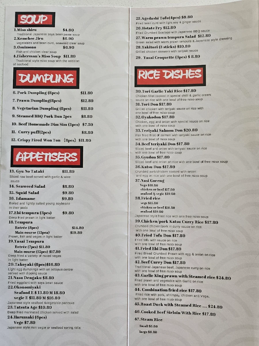 Menu, Sushi Inn Ramen & Rice