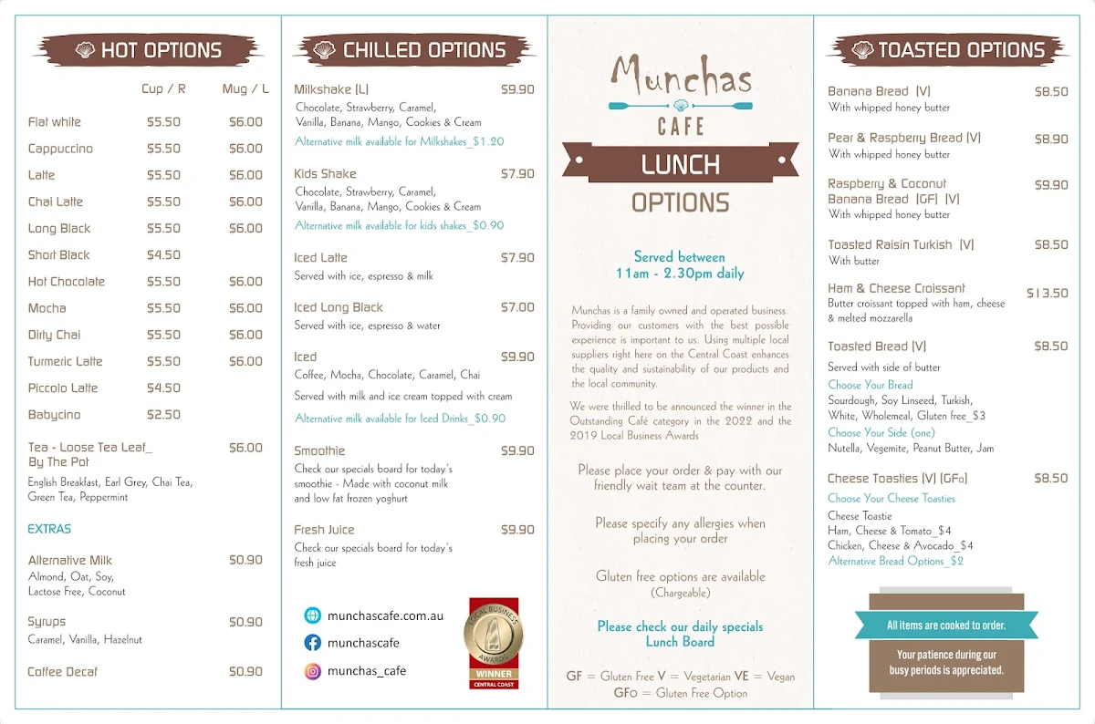 Menu, Munchas Cafe and Catering