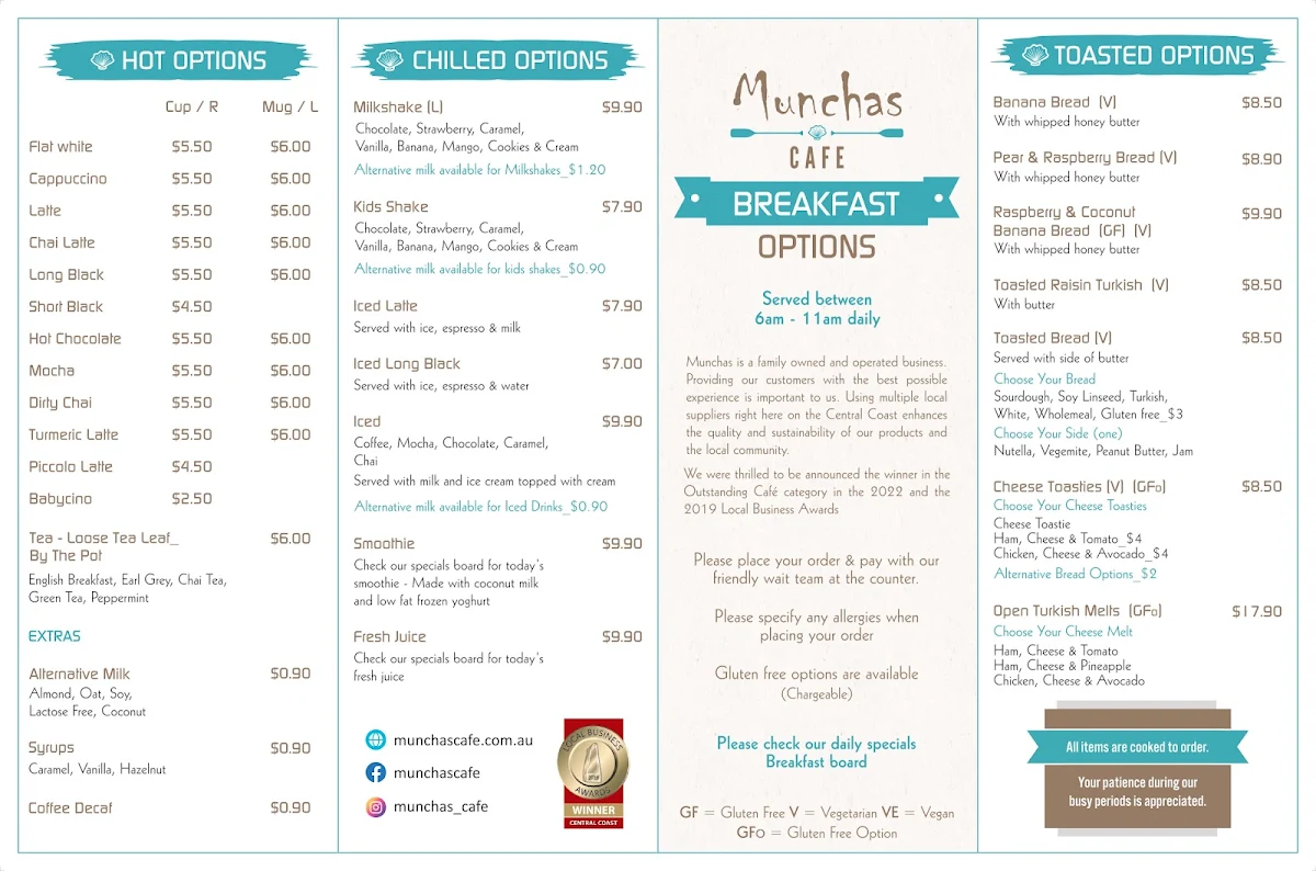 Menu, Munchas Cafe and Catering