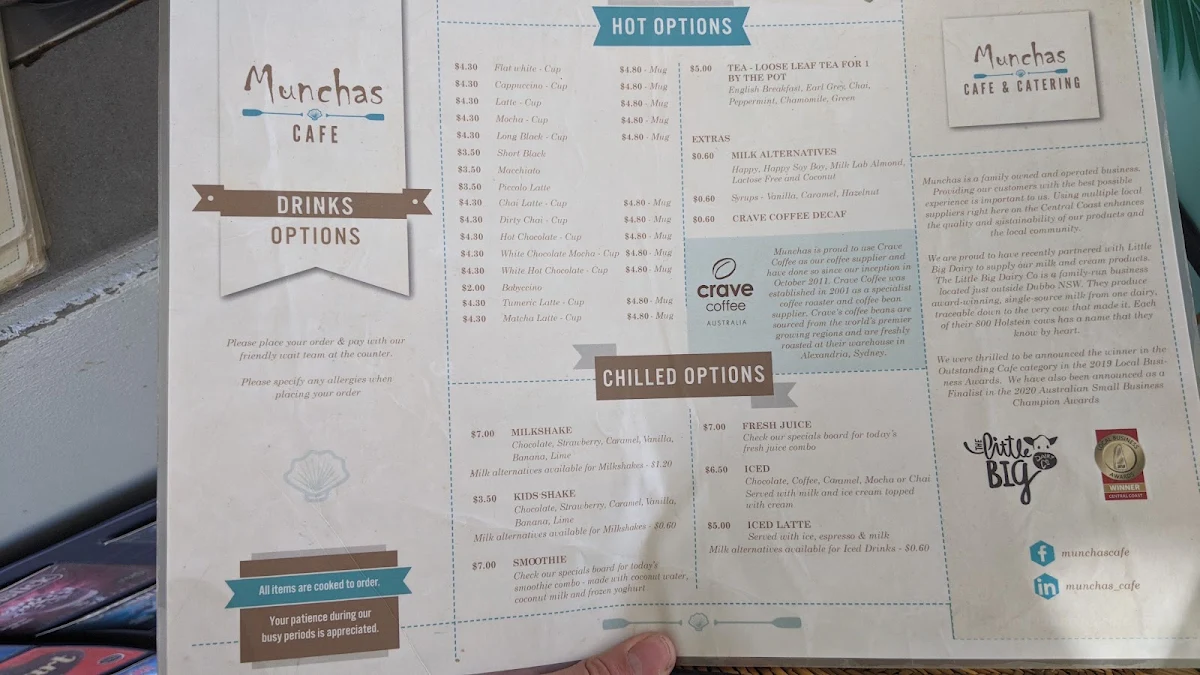 Menu, Munchas Cafe and Catering