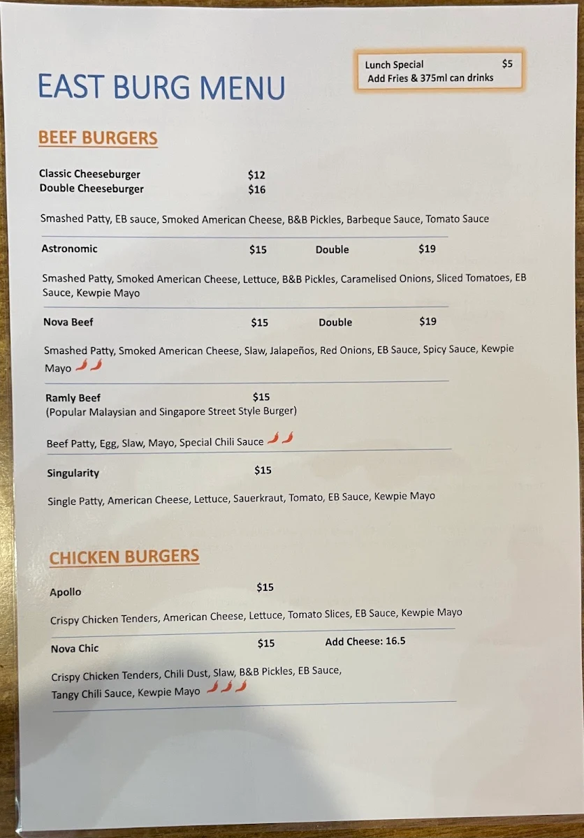 Menu, East Burg