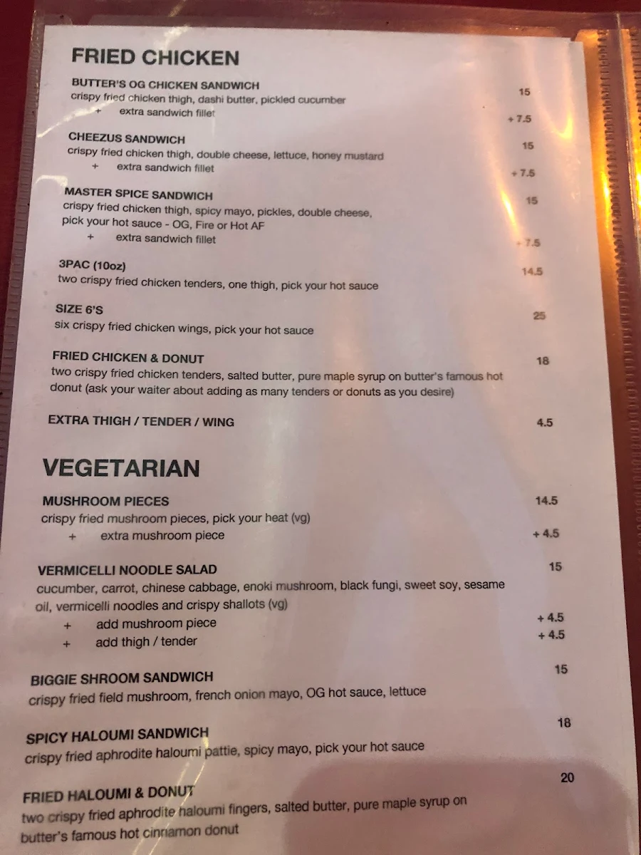 Menu, Butter Sydney