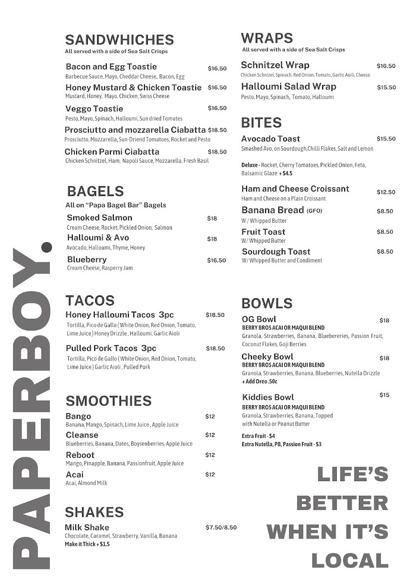 Menu, Paperboy Espresso
