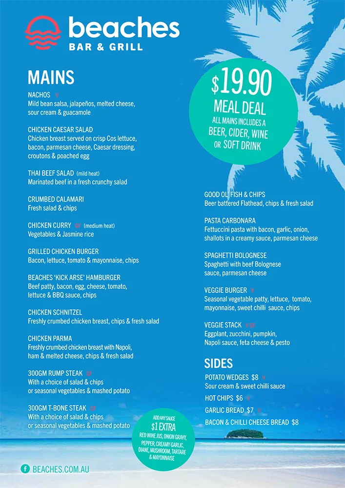 Menu, Beaches Bar & Grill