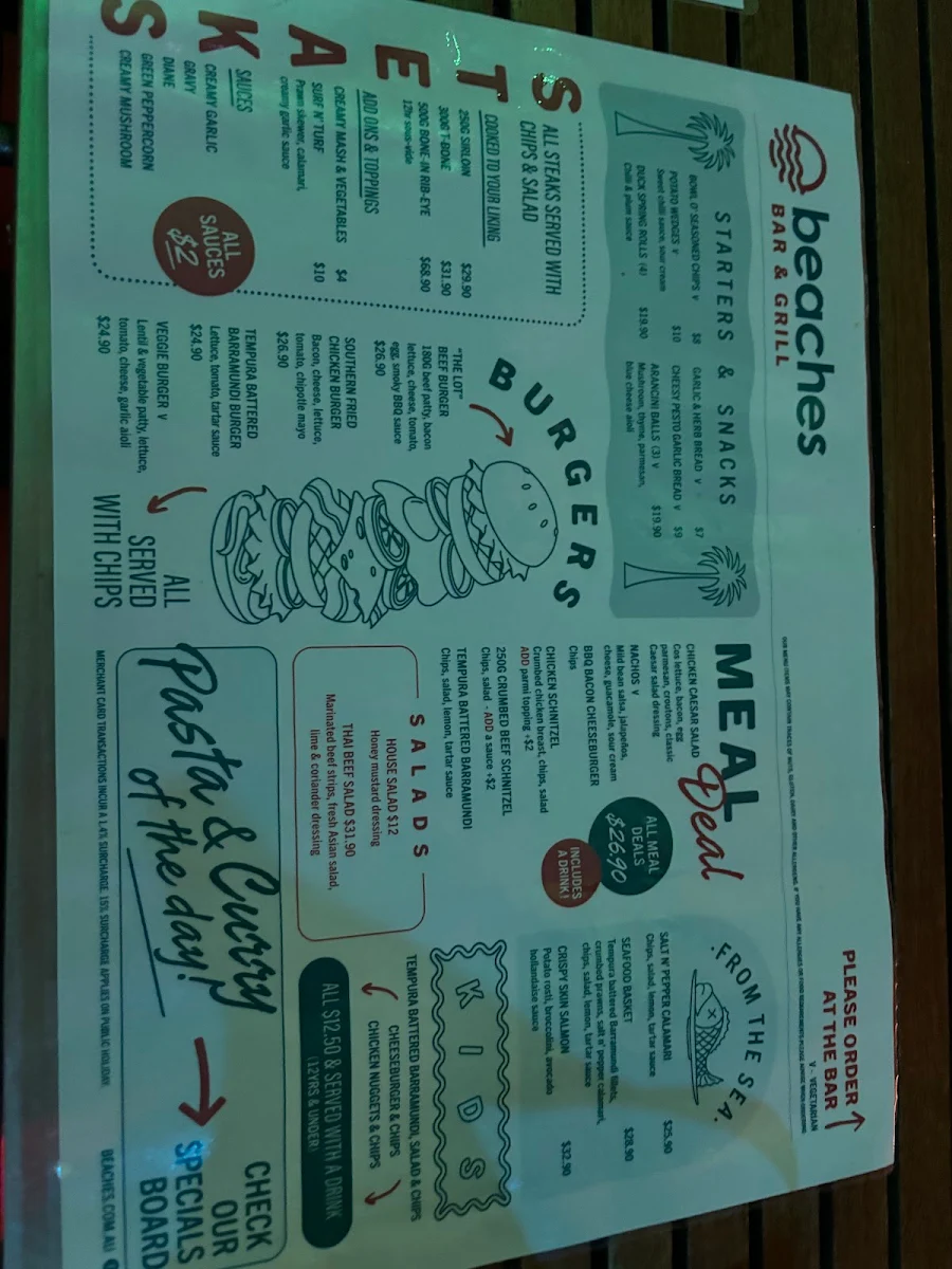 Menu, Beaches Bar & Grill