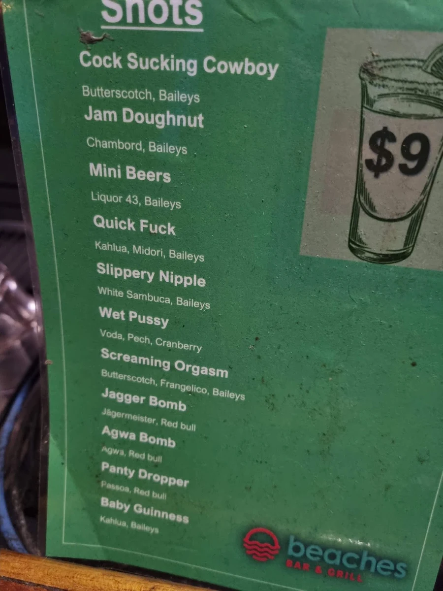 Menu, Beaches Bar & Grill