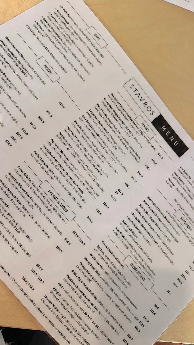 Menu, Stavros Restaurant & Bar