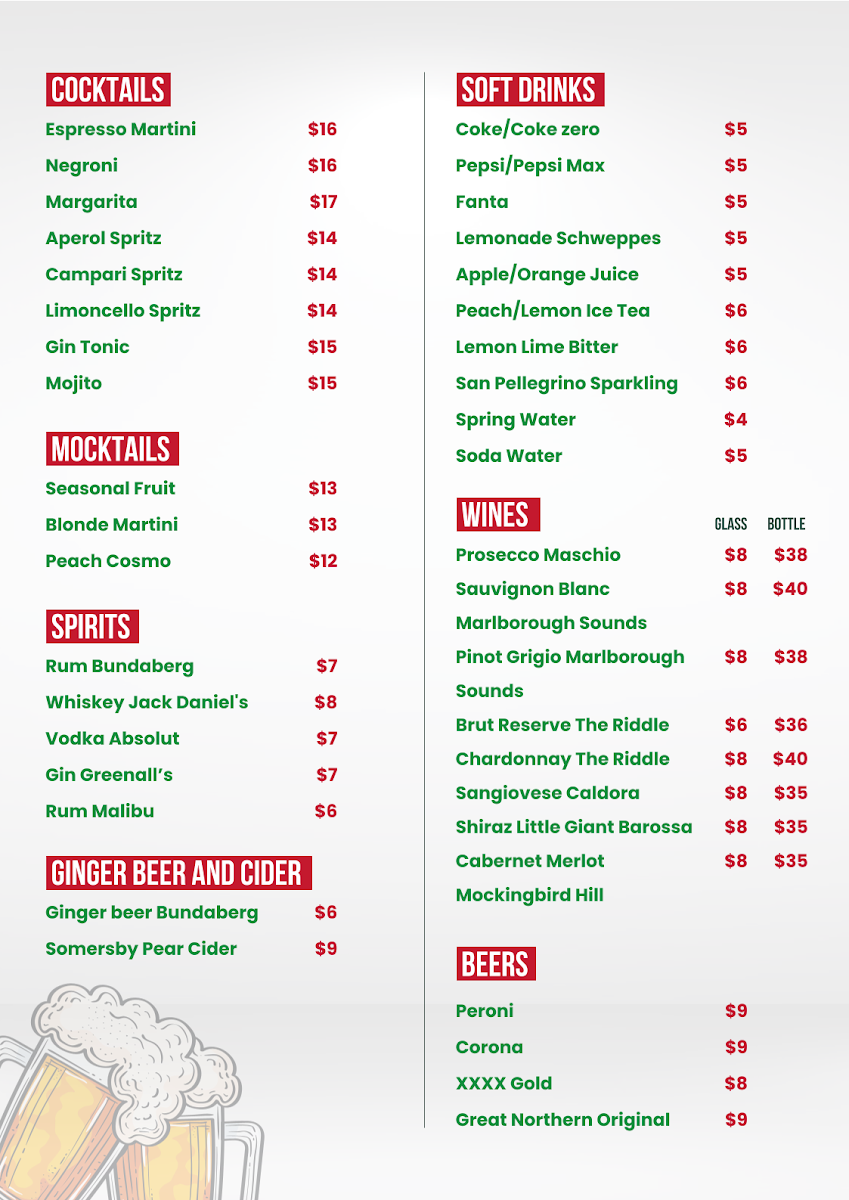 Menu, Italian Cucina Cafe & Bar