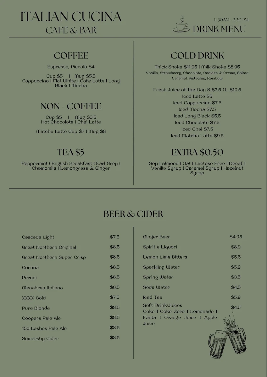 Menu, Italian Cucina Cafe & Bar