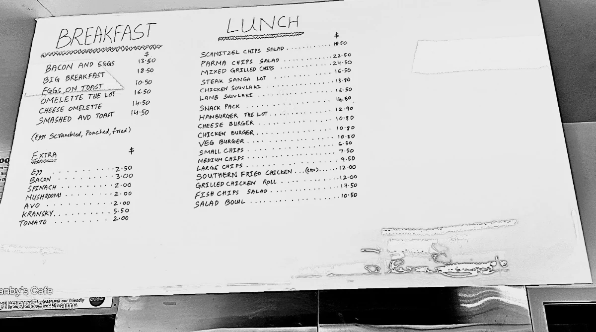 Menu, Normanbys Cafe