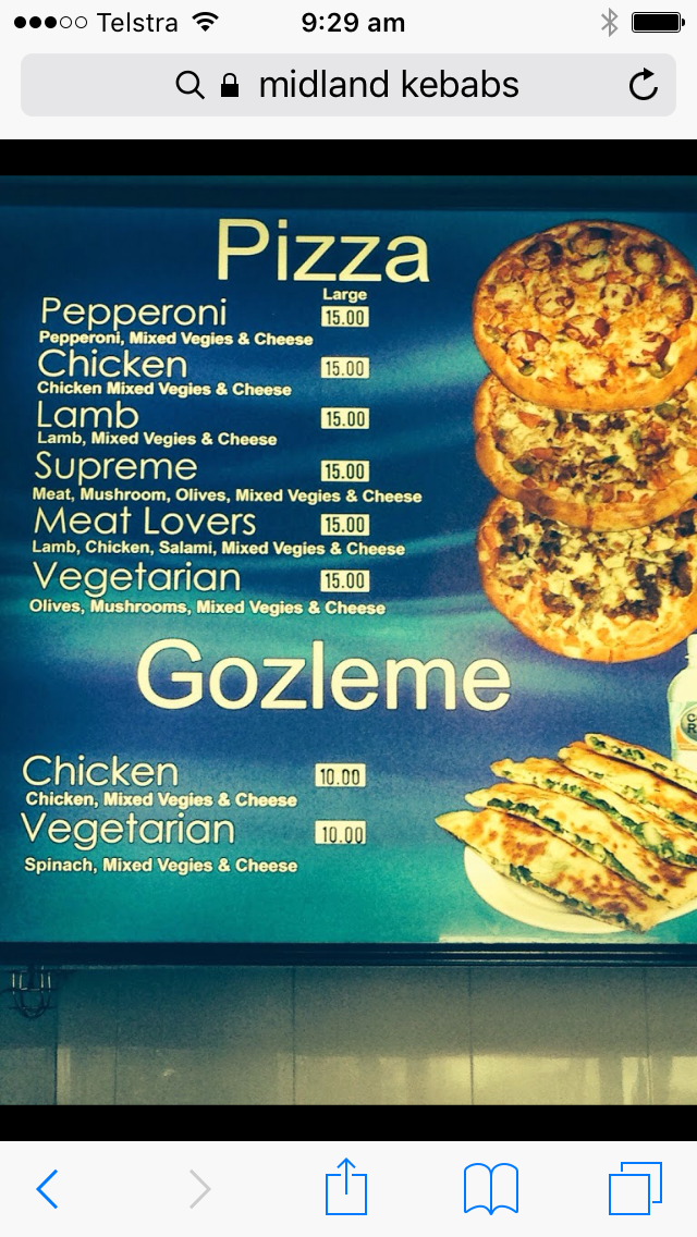 Menu, Midland Kebab Pizza Cafe