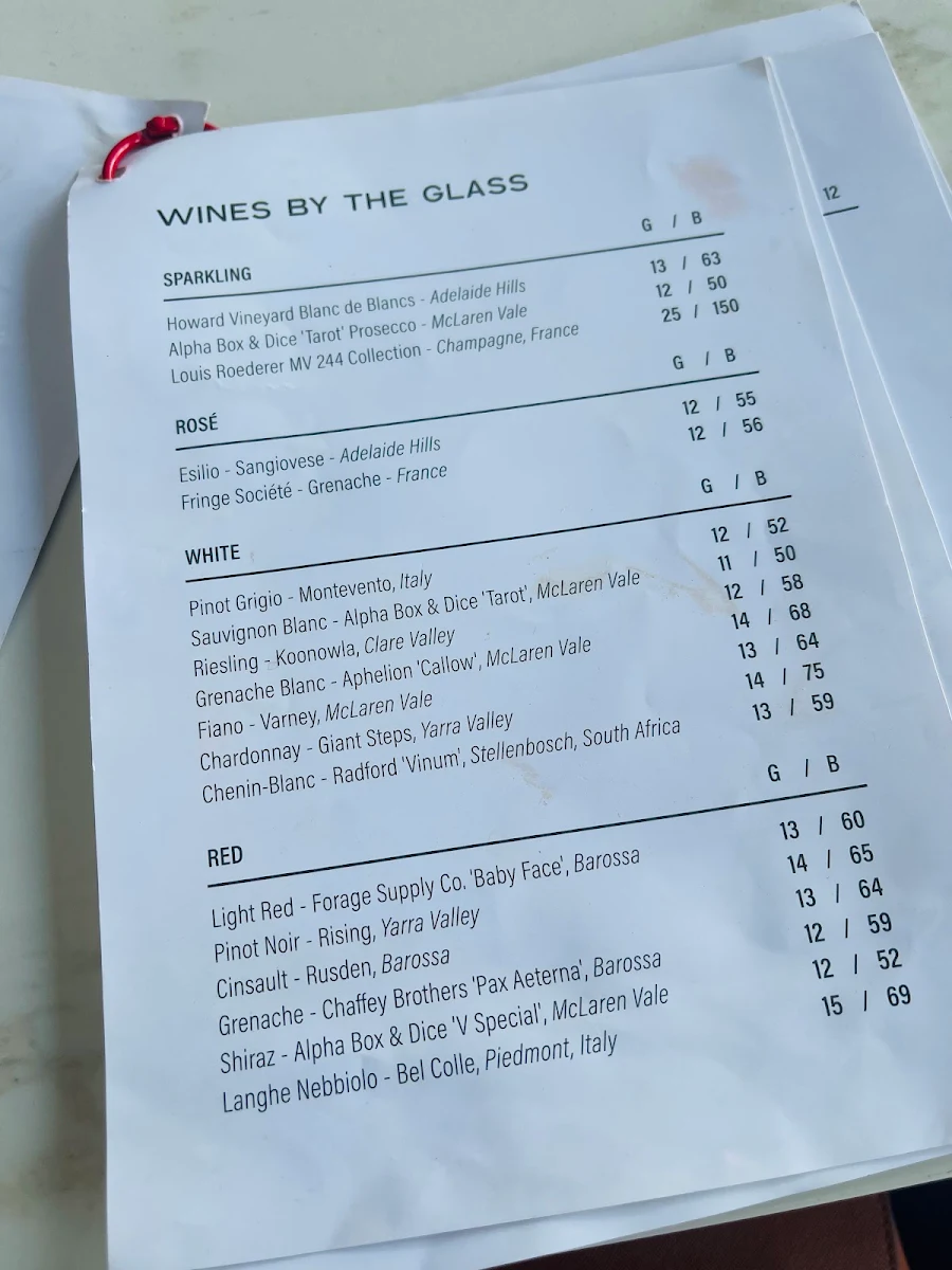 Menu, Prospect Hotel & Cellars