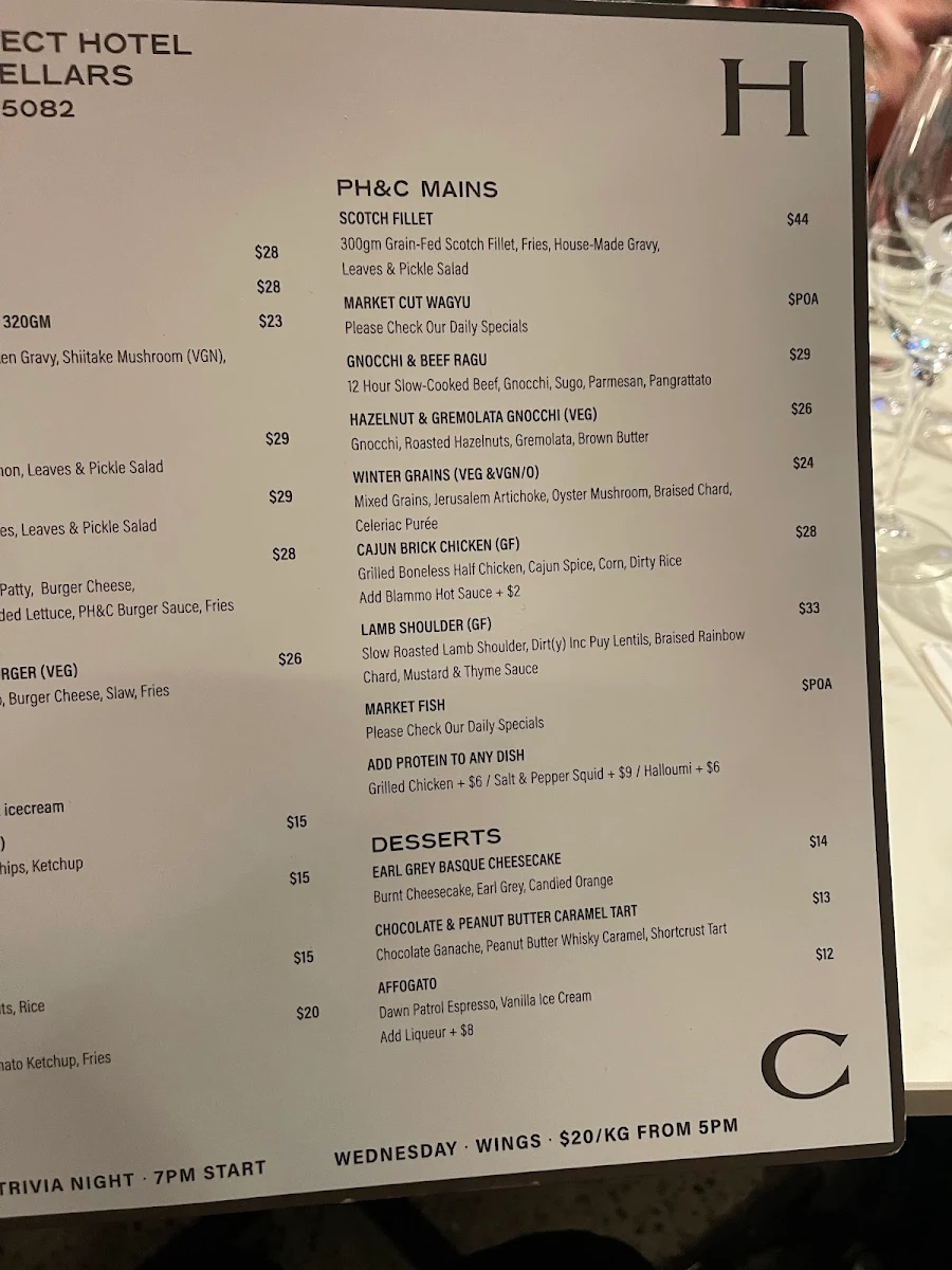 Menu, Prospect Hotel & Cellars