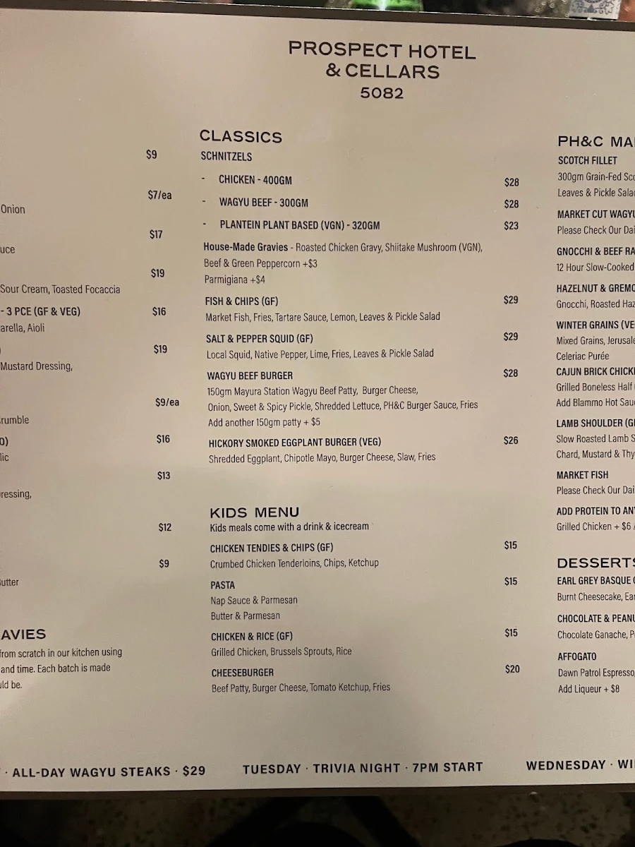 Menu, Prospect Hotel & Cellars