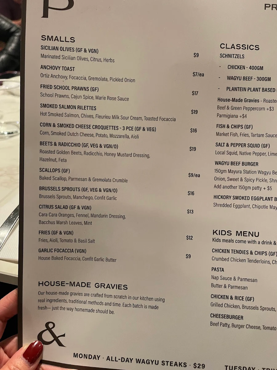 Menu, Prospect Hotel & Cellars