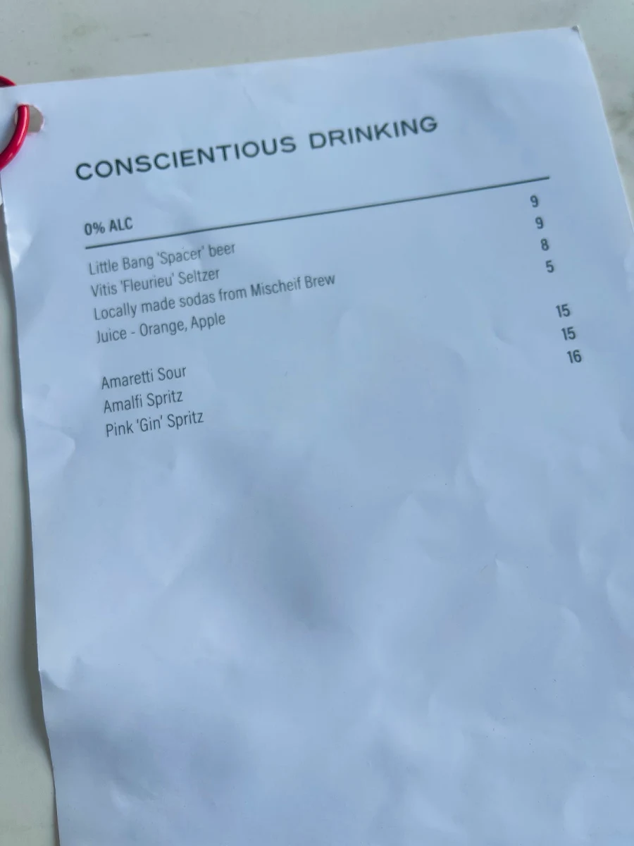 Menu, Prospect Hotel & Cellars
