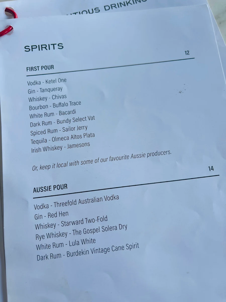 Menu, Prospect Hotel & Cellars