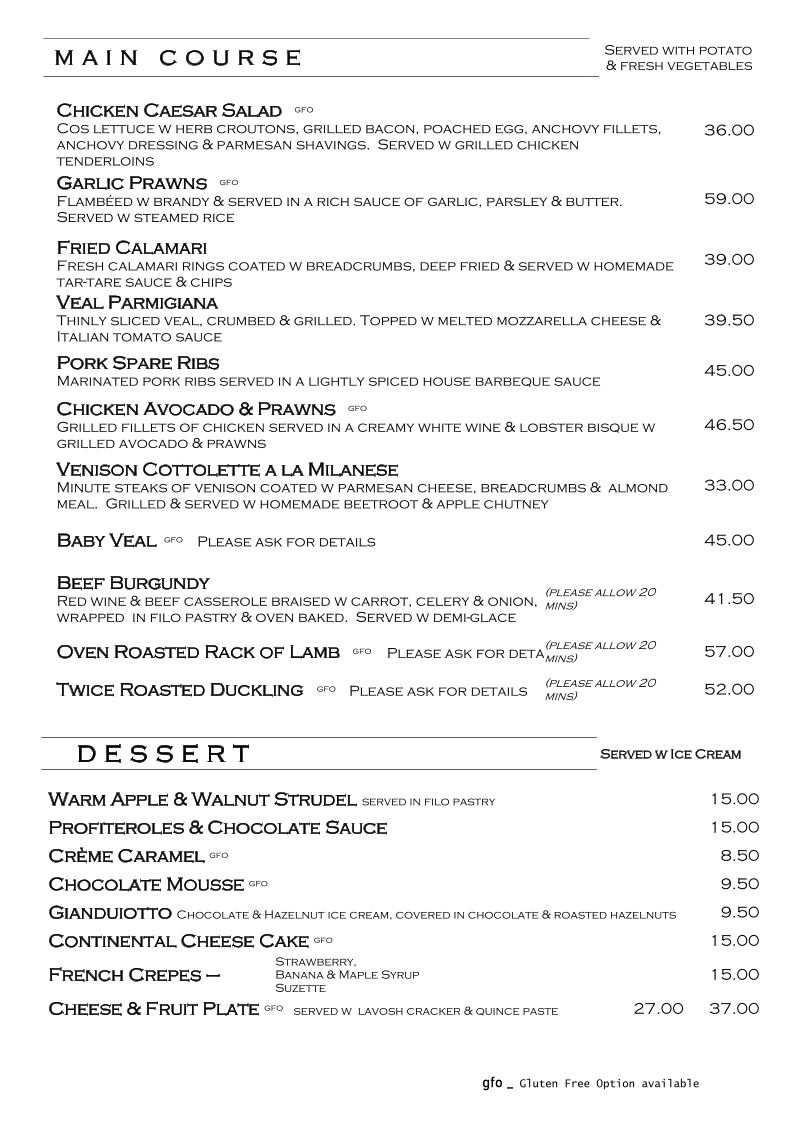 Menu, The Olive Tree