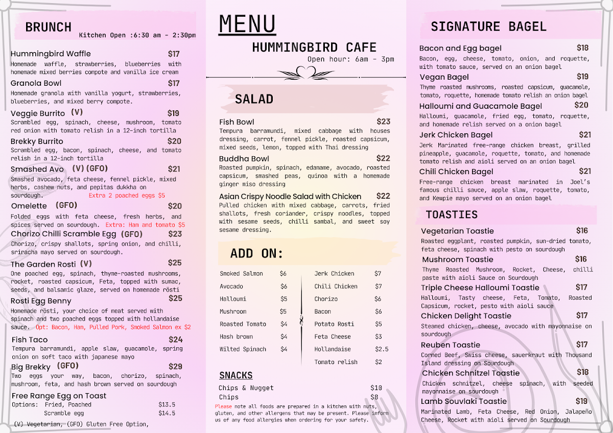 Menu, Hummingbird Elwood